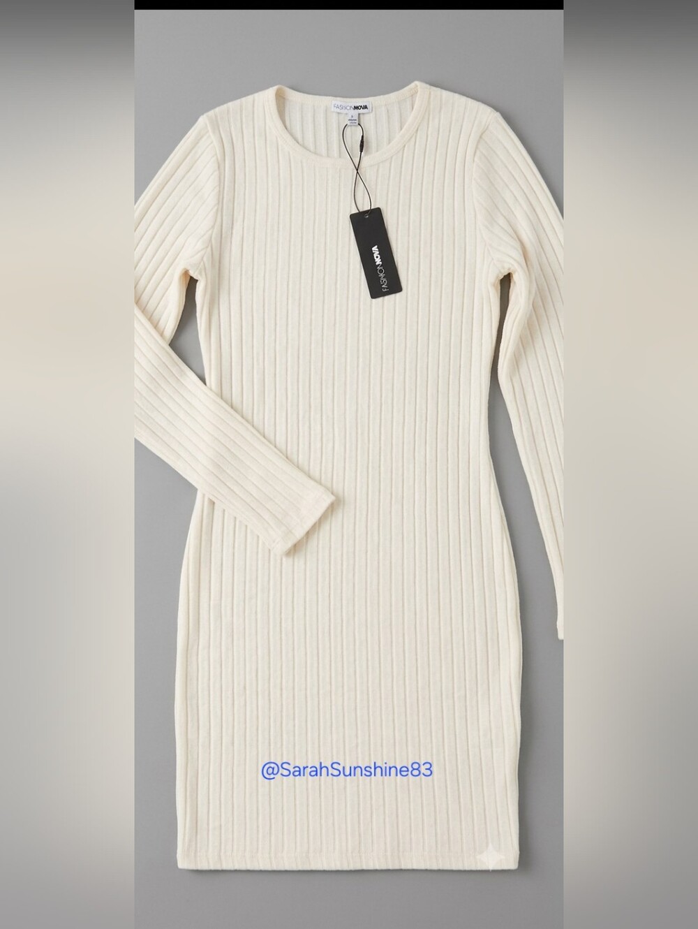 Ivory Ribbed Long Sleeve Bodycon Dress - L